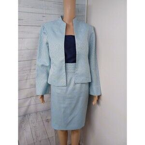 Positive Attitude 3 Pcs Blazer Jacket Skirt Top Suit Set Sz 12 Blue Textured